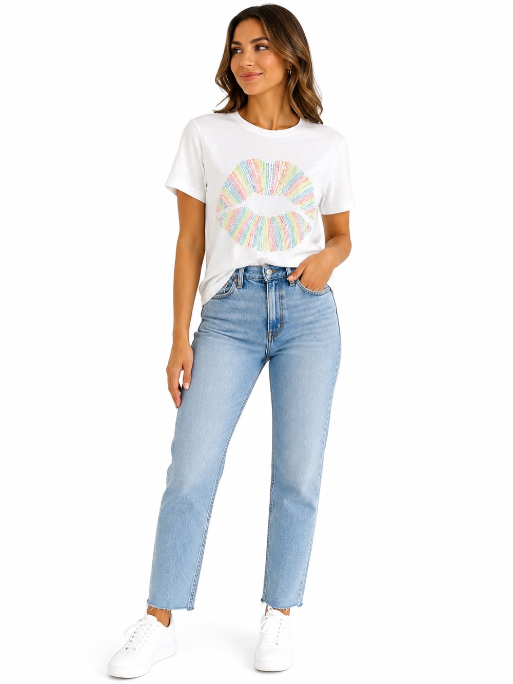 Lauren Moshi x Aqua White Rainbow Crystal Lips Graphic T-Shirt Size M
